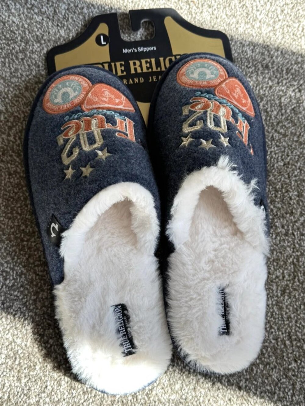 True Religion Men's Blue Graphic Slippers size L 11-12 NWT